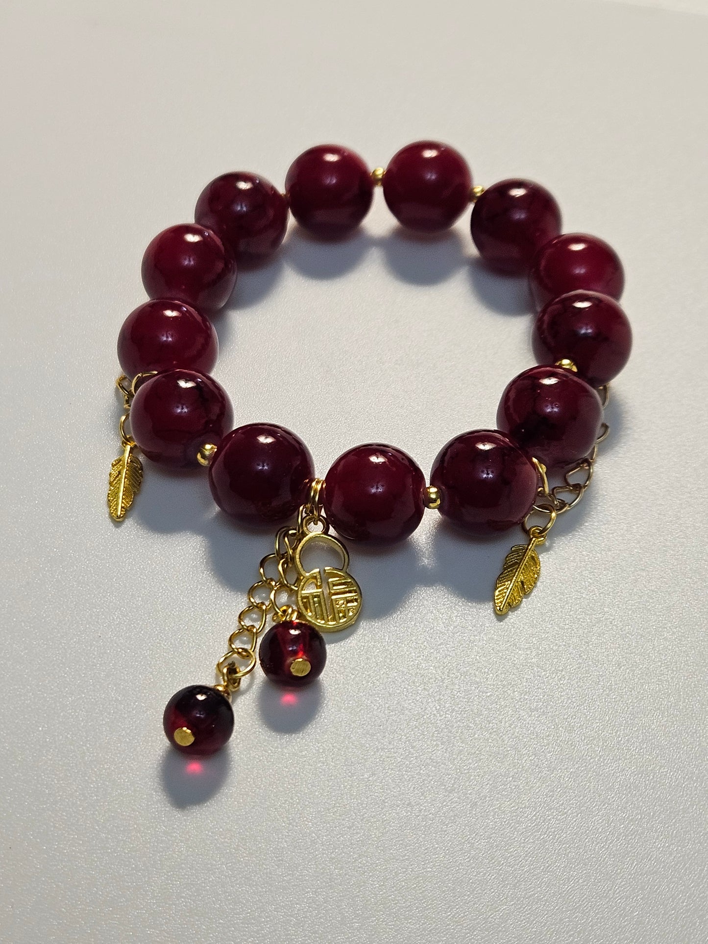 Red Jumbo glass beads (14mm) stretch charm bracelet, Size (6.5 inch)